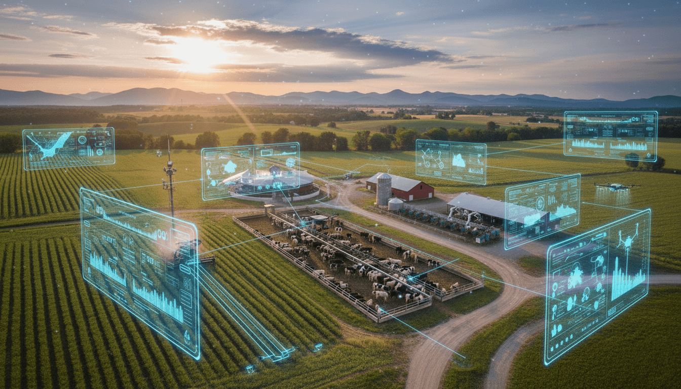 Fazenda conectada com tecnologias agrícolas e painéis digitais